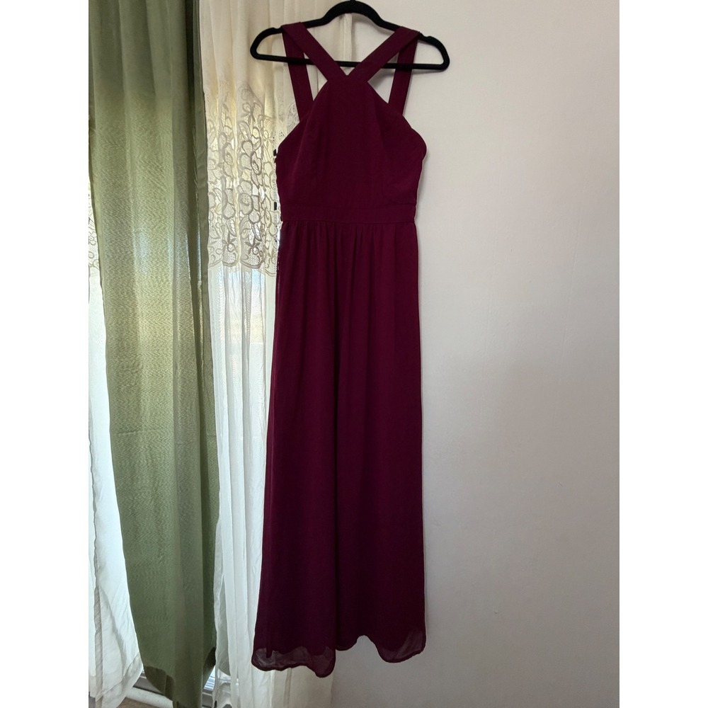 Lulus Maxi Dress Womens Medium Air Of Romance Burgundy Halter Crisscross Evening